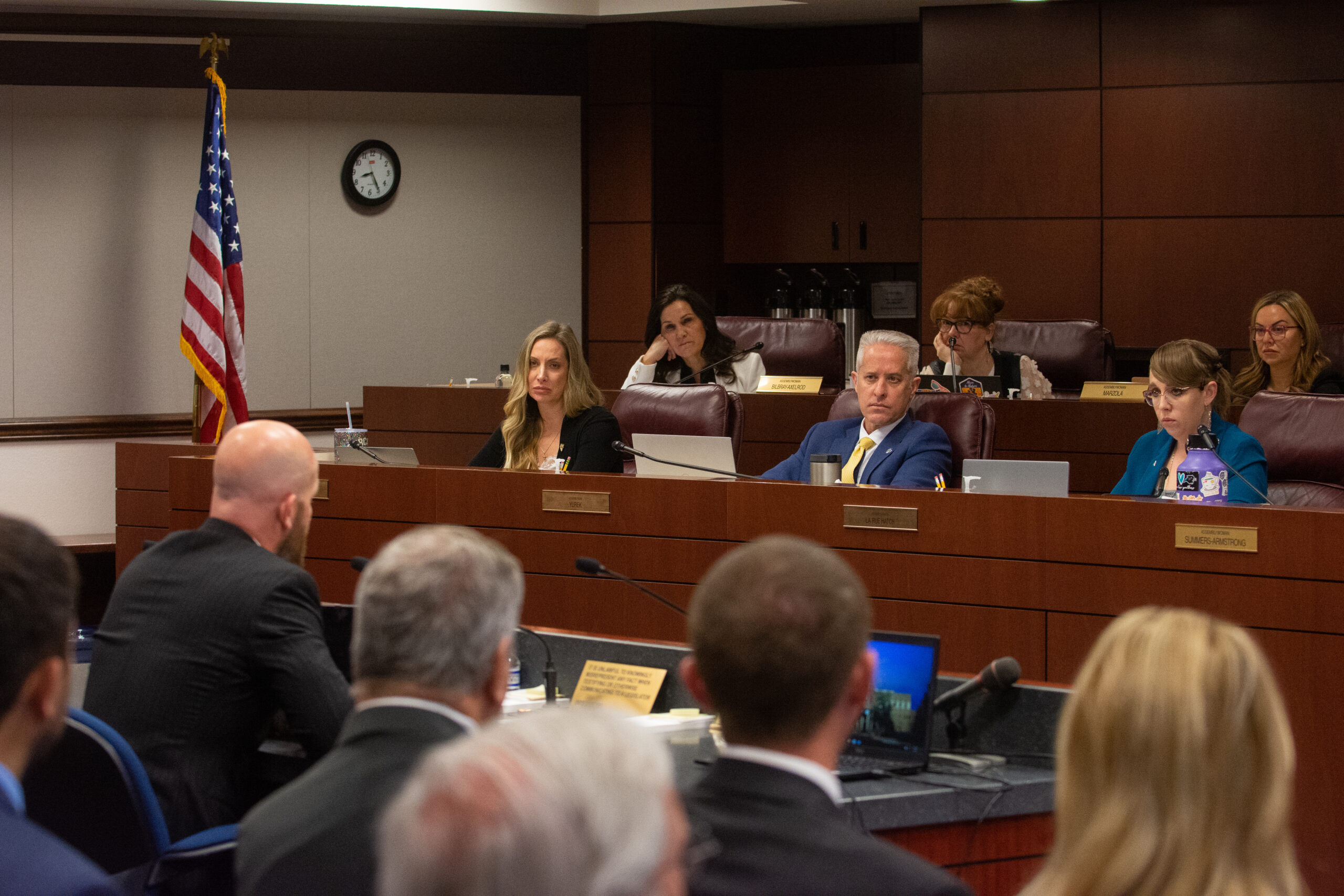 Former Assemblyman Justin Watkins, a trial lawyer representing the Nevada Justice Association, presents AB404, which originally proposed increasing the cap on medical malpractice damages for pain and suffering from $350,000 to $2.5 million, during an Assembly Committee on Judiciary hearing inside the Legislature on Tuesday, May 9, 2023, in Carson City. (David Calvert/The Nevada Independent).