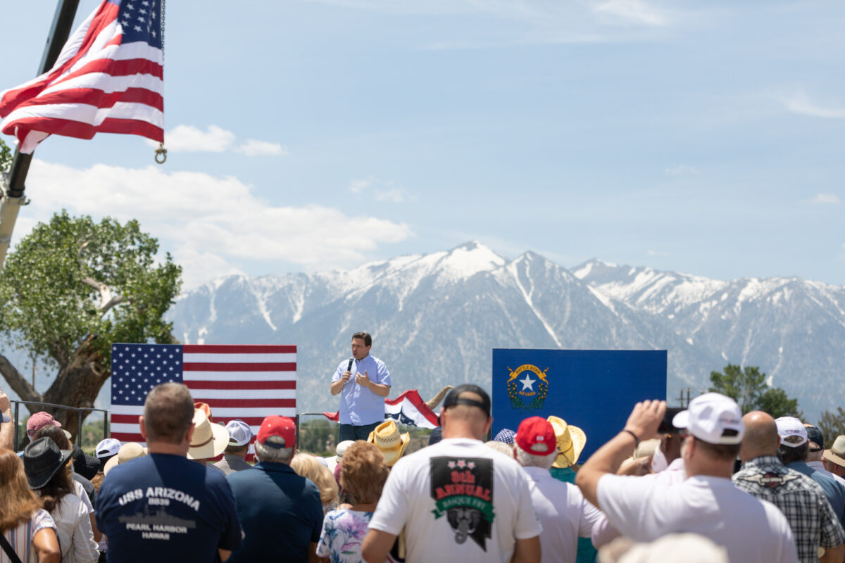 Florida Gov. Ron DeSantis speaks during the 8th annual Basque Fry at Corley Ranch in Gardnerville on June 17, 2023. (Trevor Bexon/The Nevada Independent).