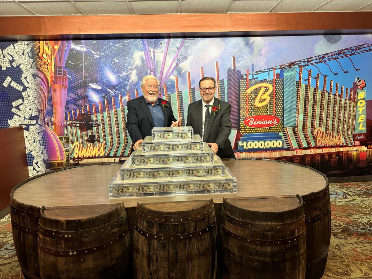 Binion's owner Terry Caudill, left, and general manager Tim Lager show off the $1 million display at the downtown Las Vegas casino. (Courtesy photo).