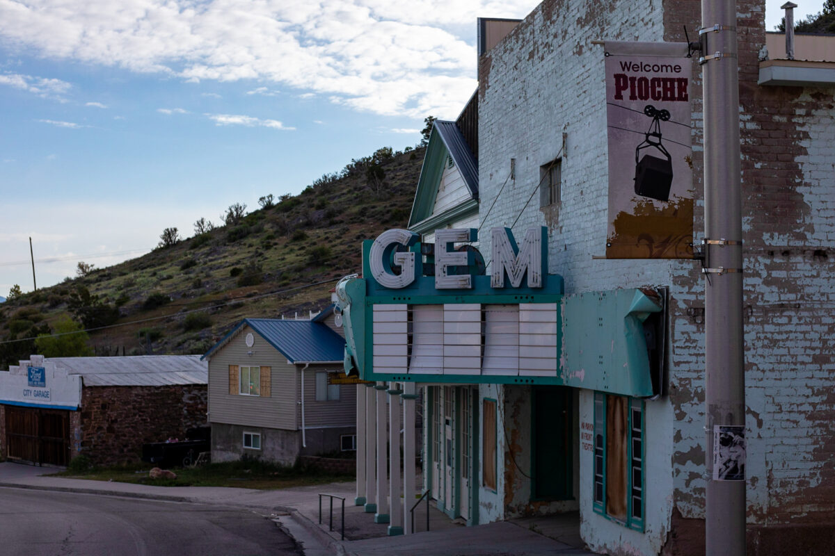 The Gem theater in Pioche on Thursday, May 9, 2019. In 2002, a windstorm blew the roof of the building. (Tim Lenard/The Nevada Independent).