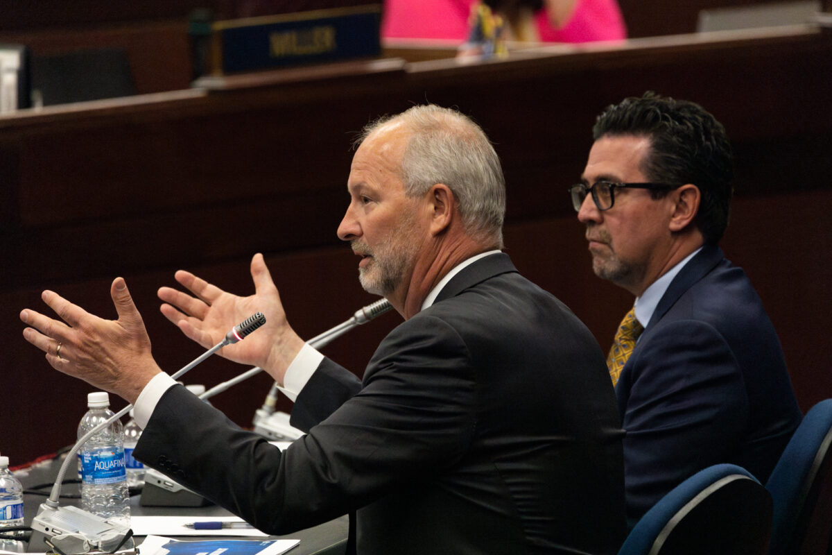 Steve Hill and Jeremy Aguero answer questions about an A's incentive bill during the 35th special session of the Legislature on June 13, 2023, in Carson City. (Trevor Bexon/The Nevada Independent).