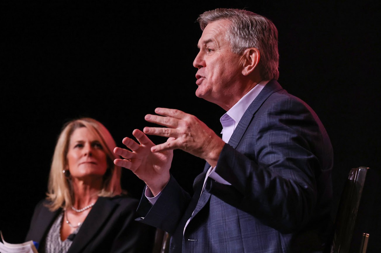 Oak View Group CEO Tim Leiweke speaks during an interview with Tina Quigley, CEO of Las Vegas Global Economic Alliance at the organization’s 2023 Perspective at M Resort in Henderson on Thursday, June 15, 2023. (Jeff Scheid/The Nevada Independent).