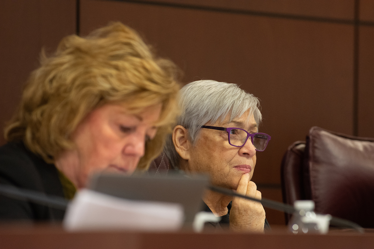 Sens. Marilyn Dondero Loop (D-Las Vegas), left, and Roberta Lange (D-Las Vegas) during a Senate Finance Committee meeting inside the Legislature in Carson City on June 4, 2023. (David Calvert/The Nevada Independent).