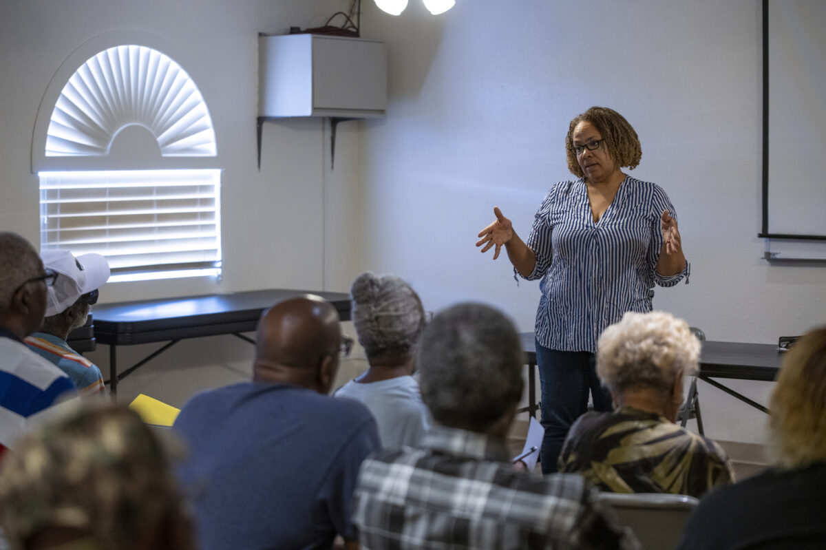 State Sen. Dina Neal (D-North Las Vegas) speaks with residents during a community meeting at Macedonia Baptist Church in the Windsor Park neighborhood in North Las Vegas on Saturday, May 13, 2023. (Daniel Clark/The Nevada Independent).