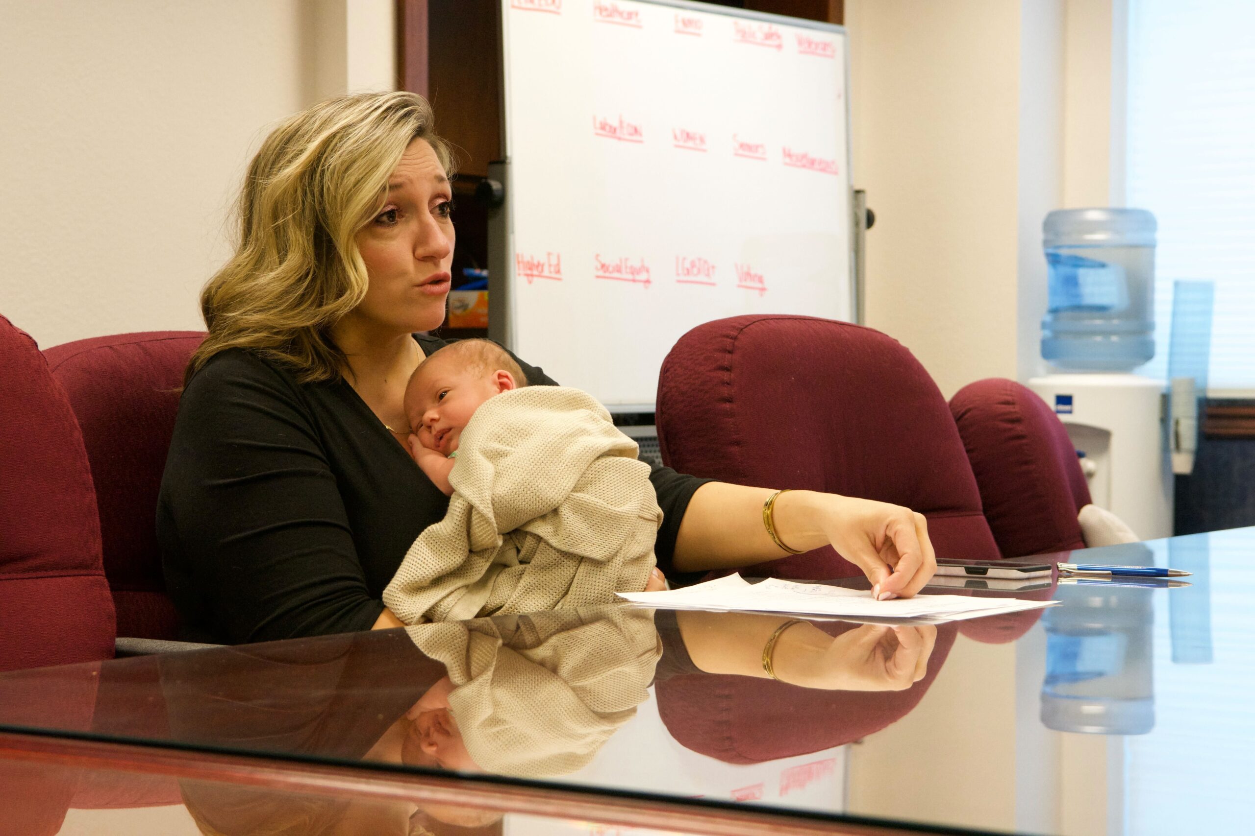 Senate Majority Leader Nicole Cannizzaro (D-Las Vegas) with her son on Tuesday, June 6, 2023, during an interview with The Nevada Independent. (David Calvert/The Nevada Independent).