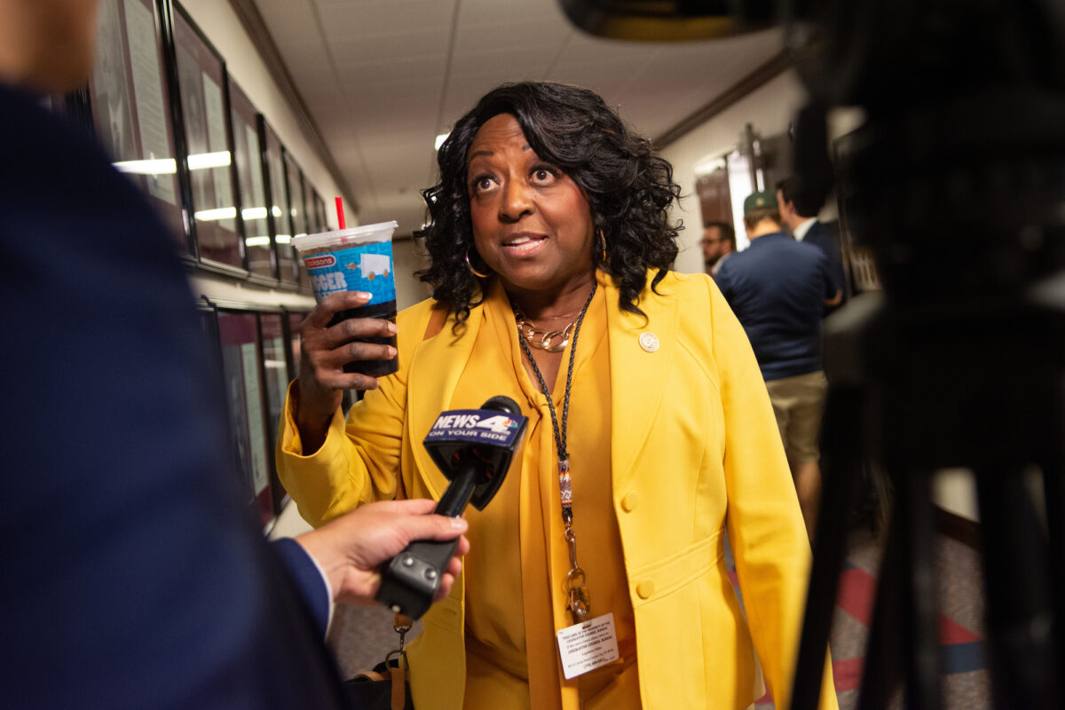 Assemblywoman Angie Taylor (D-Reno) during a media interview inside the Legislature during the final day of the 82nd legislative session at the Legislature in Carson City on June 5, 2023. (David Calvert/The Nevada Independent).