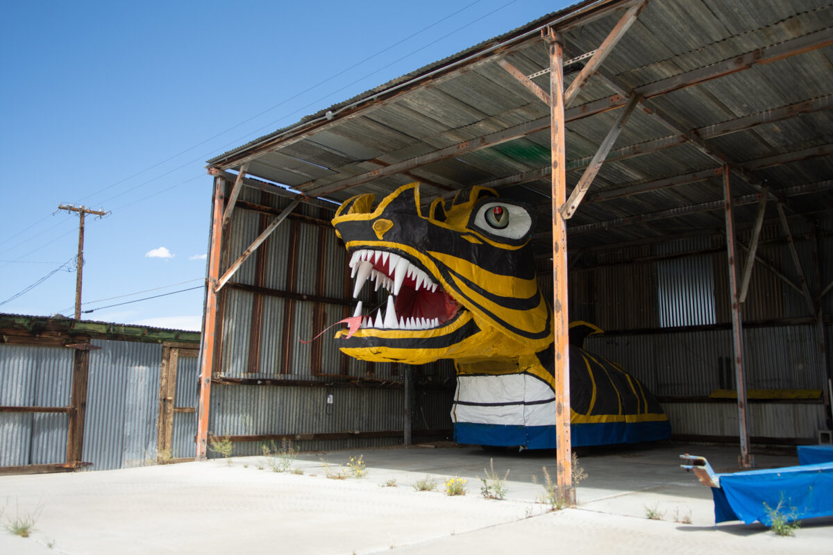 Cecil the Serpent, a parade float that celebrates the folklore myth of a giant serpent in Walker Lake, sits in storage in Hawthorne.