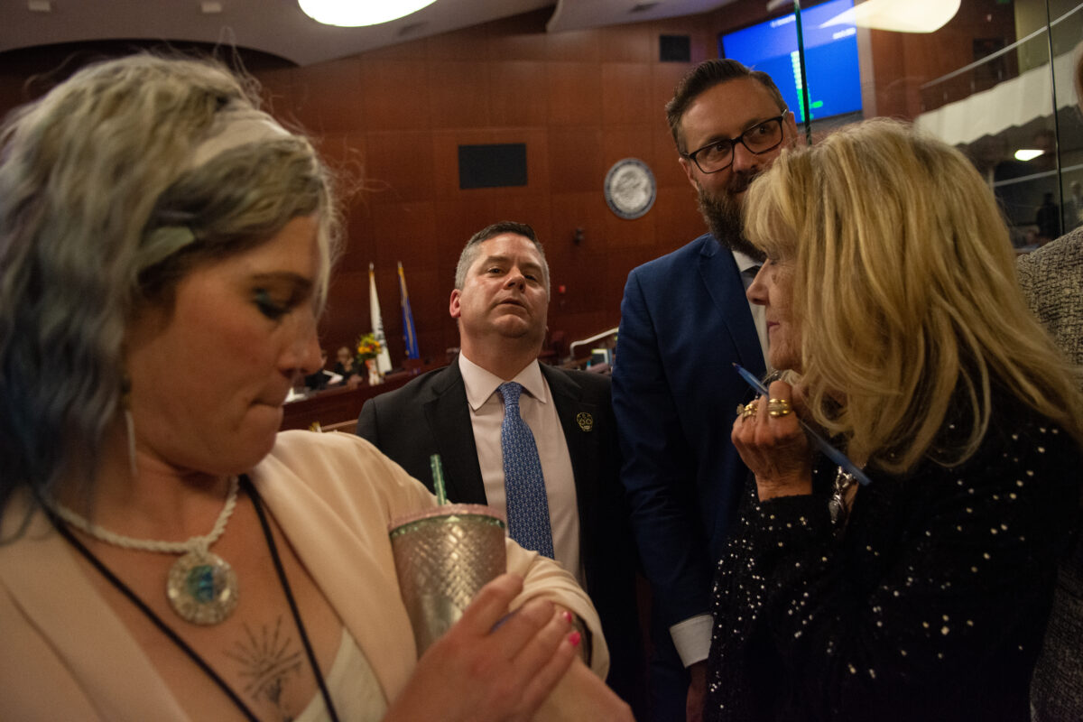 From left, Assemblywoman Sarah Peters (D-Reno), Speaker Steve Yeager (D-Las Vegas), Assemblyman Greg Hafen (R-Pahrump) and Assemblywoman Jill Dickman (R-Sparks) during a behind the bar of the Assembly Ways and Means Committee meeting to hear SB431, a government modernization omnibus bill sponsored by Gov. Joe Lombardo, in the final hours in 82nd legislative session in Carson City on June 5, 2023. (David Calvert/The Nevada Independent).