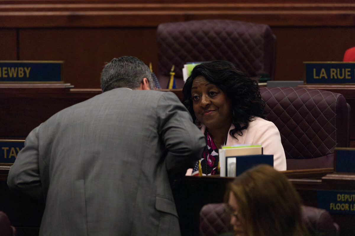 Assembly Speaker Steve Yeager (D-Las Vegas) speaks to Assemblywoman Angie Taylor (D-Reno) during the 35th special session of the Legislature on June 14, 2023, in Carson City. (Trevor Bexon/The Nevada Independent).