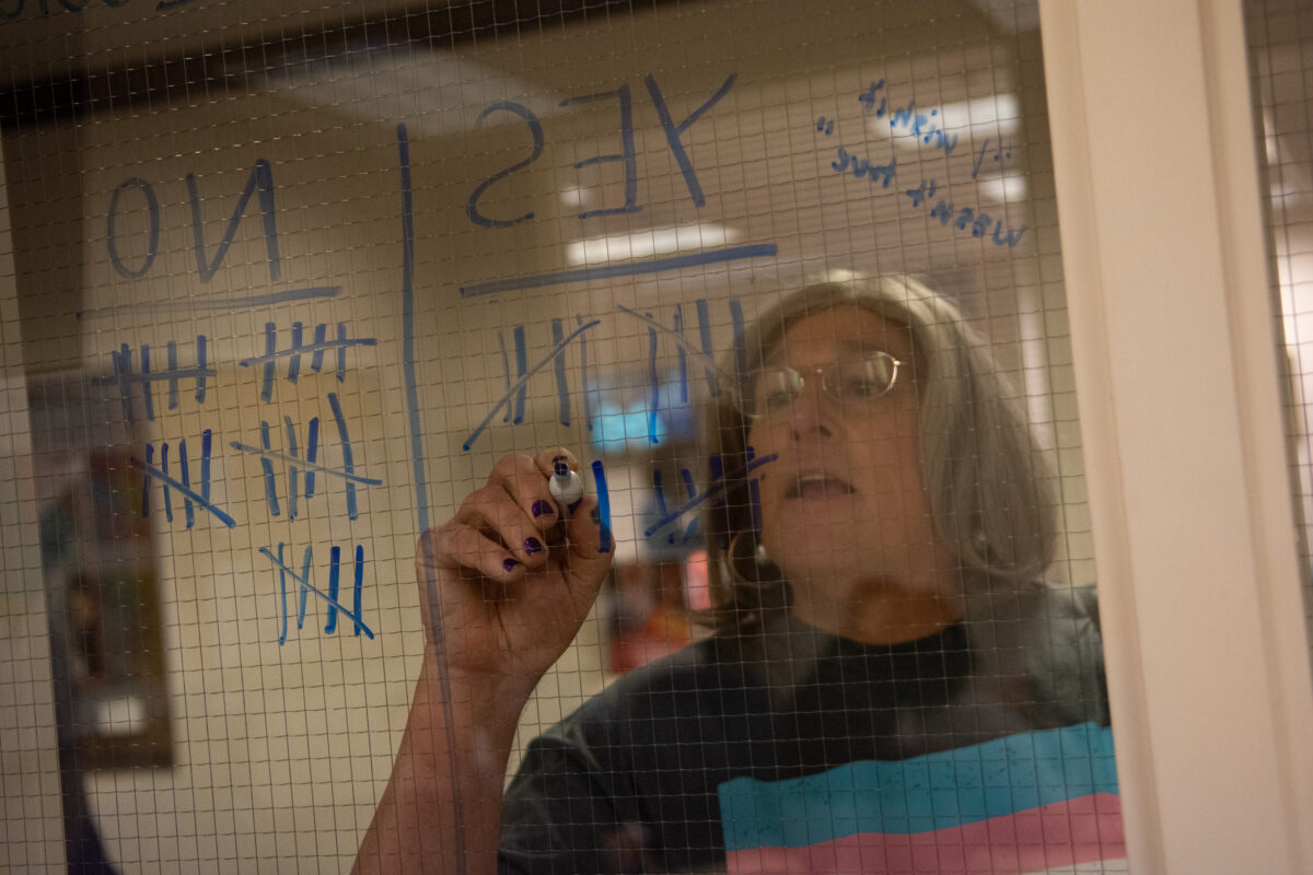 Lobbyist Brooke Maylath votes in the Nevada press corps' informal "will there be a special session?" poll inside the Legislature in Carson City on June 4, 2023. (David Calvert/The Nevada Independent)