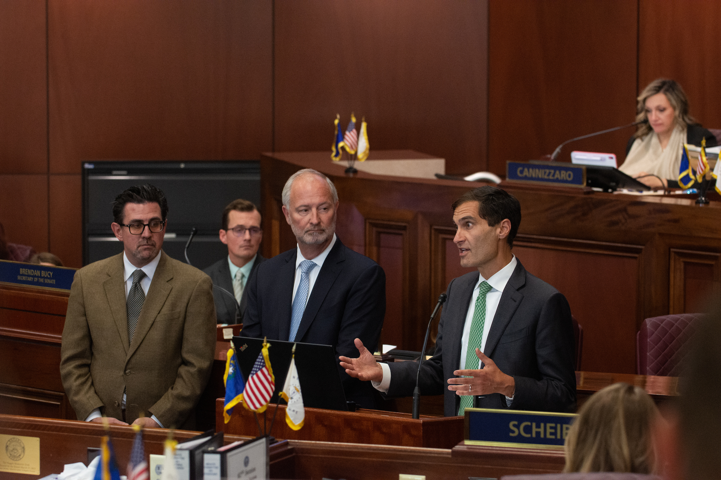 From left, analyst Jeremy Aguero, Las Vegas Convention and Visitors Authority President and Chief Executive Officer Steve Hill and Oakland A's President Dave Kaval during a presentation to a Senate committee of the whole on the Oakland A's proposed stadium funding during the 35th special session of the Legislature on June 7, 2023, in Carson City. (David Calvert/The Nevada Independent).