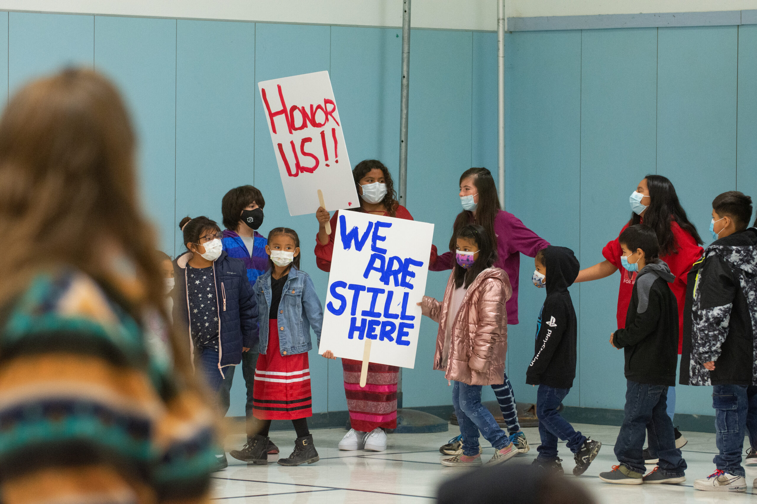 Students participate in an Indigenous People’s Day assembly and walk on Monday, Oct. 11, 2021 at Schurz Elementary School. The school is located on the Walker River Paiute Reservation. (David Calvert/The Nevada Independent).