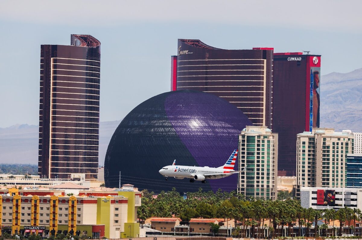 An American Airlines flight, framed by the $2.2 billion Sphere in Las Vegas, prepares to land at Harry Reid International Airport on Wednesday, May 24, 2023. (Jeff Scheid/The Nevada Independent).