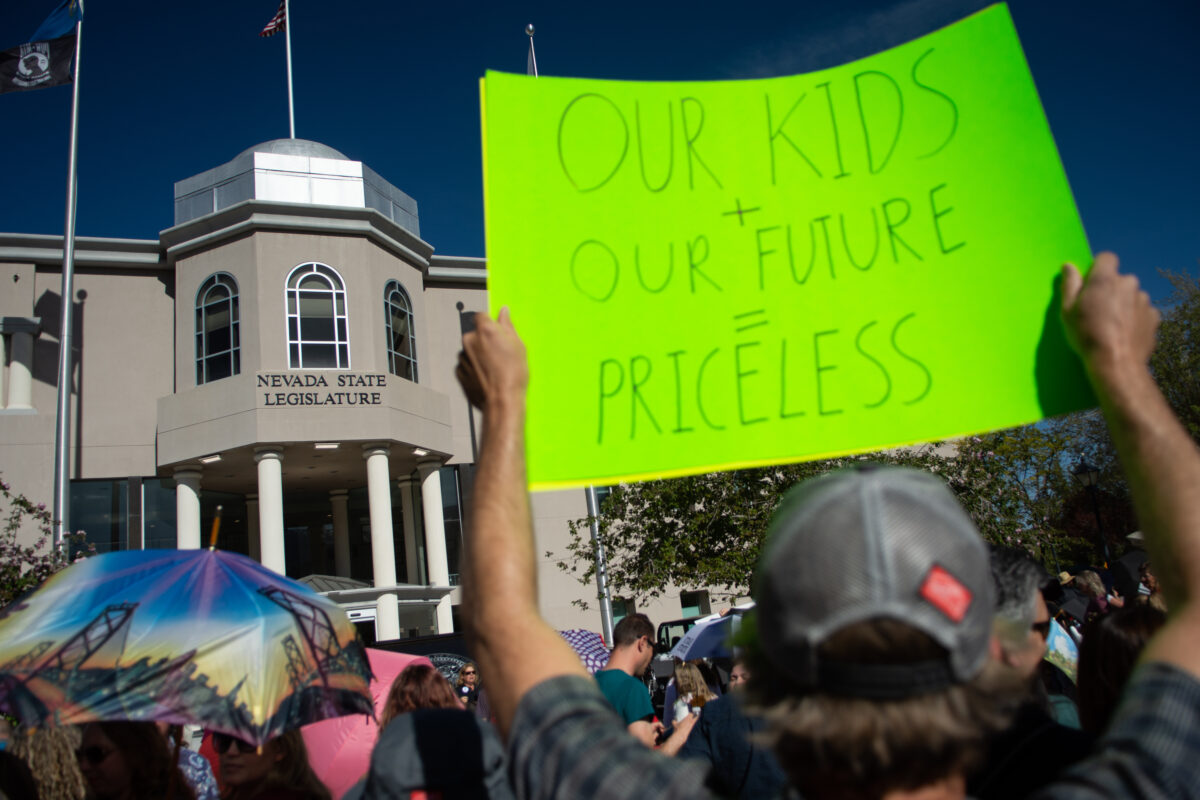 An education-related protest outside of the Legislature in Carson City on May 17, 2023 (David Calvert/The Nevada Independent).