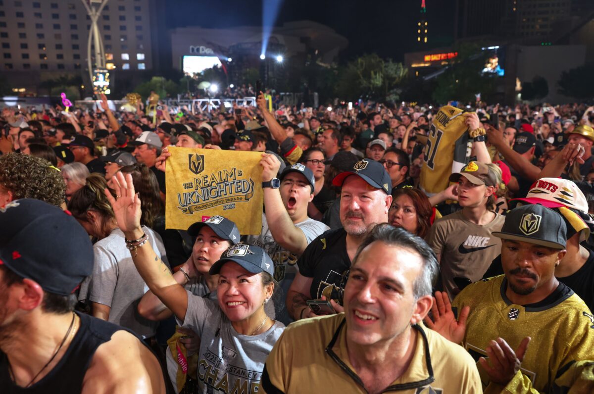 Fans cheer during the Vegas Golden Knights Stanley Cup Championship party in front of T-Mobile Arena on Saturday, June 17, 2023. (Jeff Scheid/The Nevada Independent).