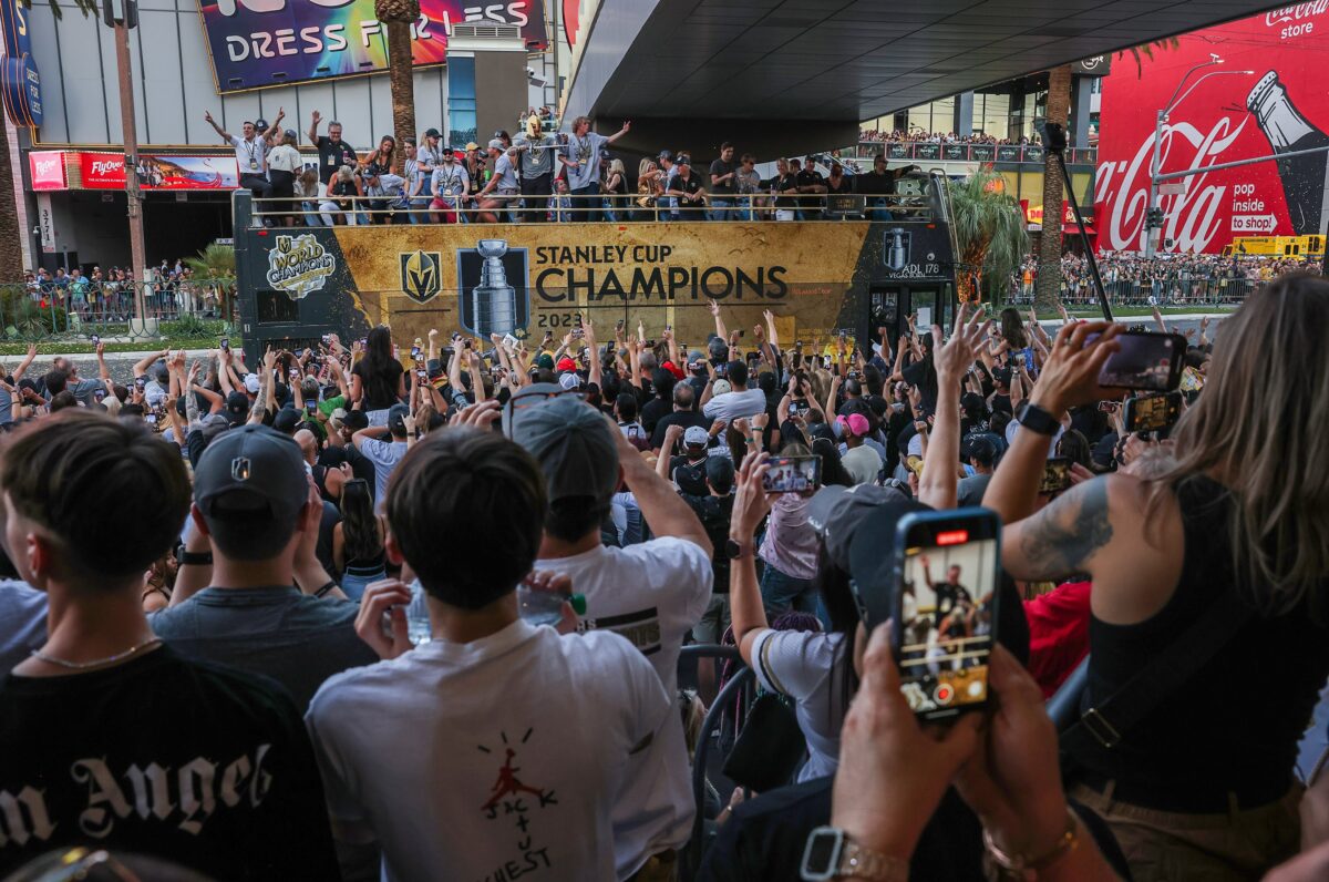 Thousands of fans line Las Vegas Boulevard for the Vegas Golden Knights' Stanley Cup Championship parade on Saturday, June 17, 2023. (Jeff Scheid/The Nevada Independent).