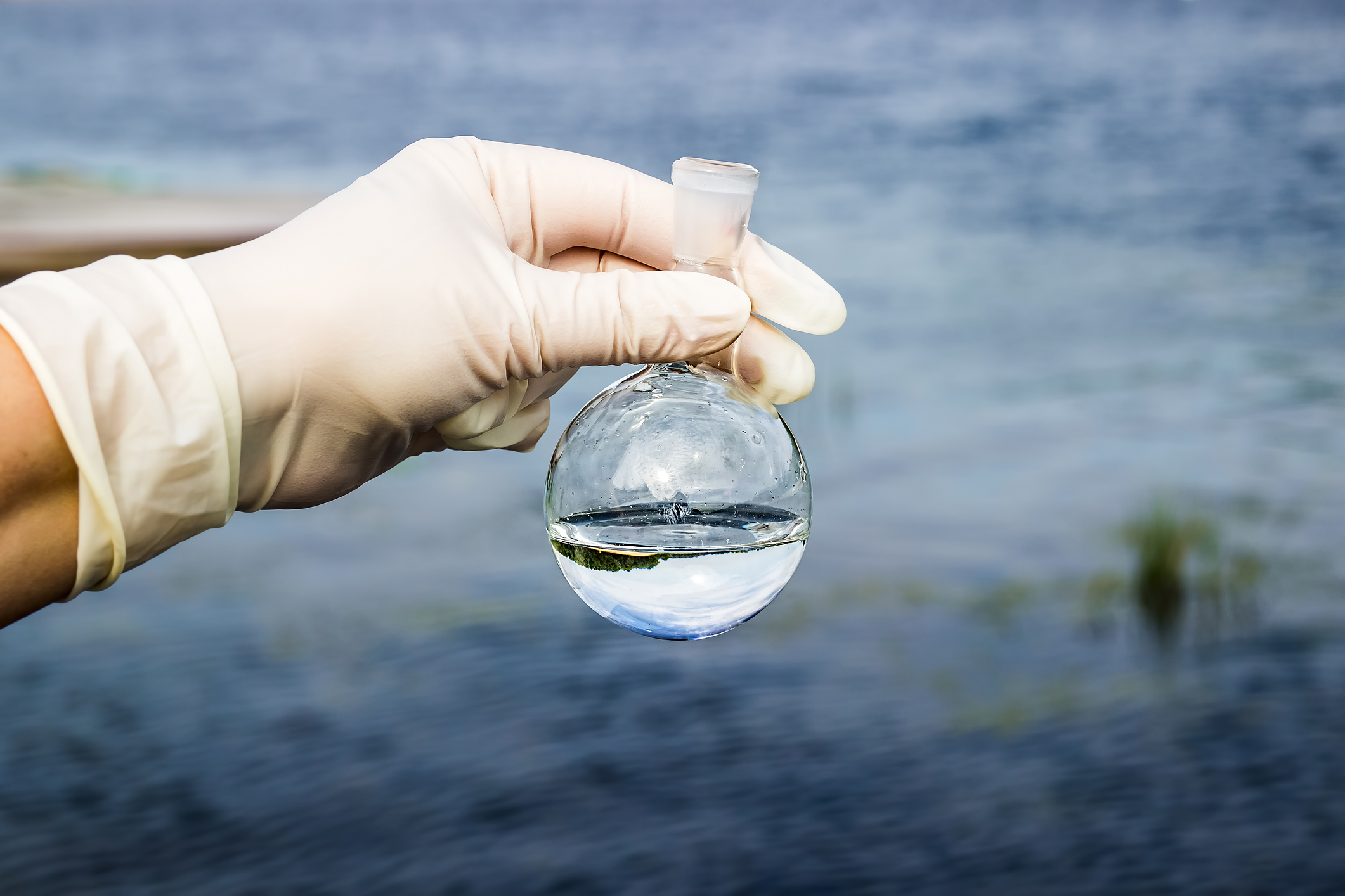 A gloved hand holding a vial of water.