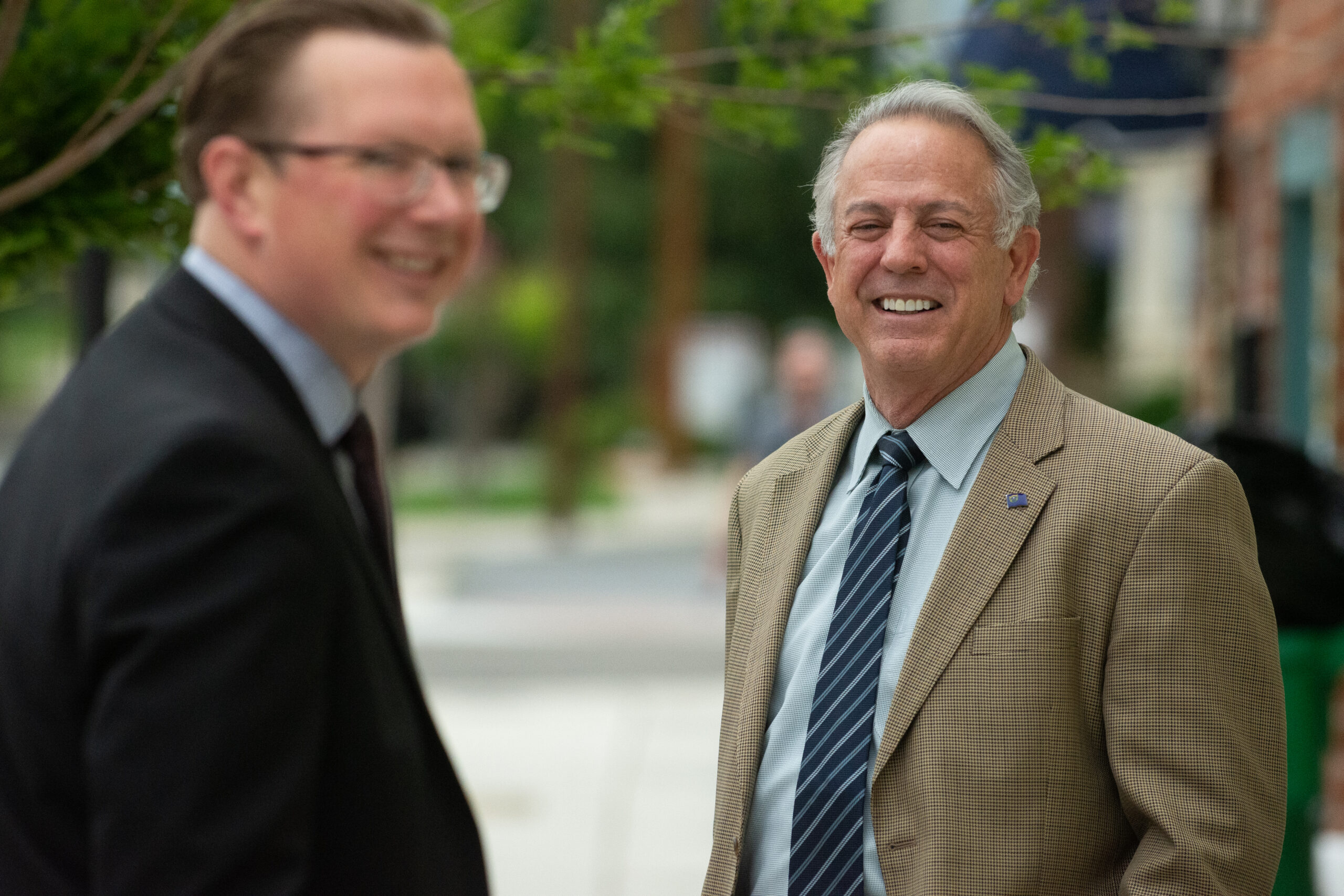 Gov. Joe Lombardo, right, with his chief of staff, Ben Kieckhefer walking in downtown Carson City outside the Legislature on June 6, 2023, shortly after the governor called for a special session. (David Calvert/The Nevada Independent).