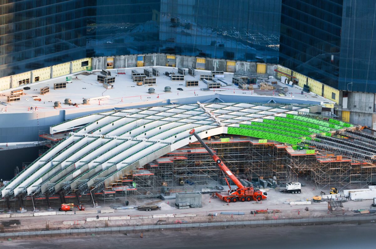The porte-cochere of the Fontainebleau Las Vegas is seen under construction from The Strat SkyPod on Thursday, May 18, 2023. The Fontainebleau is expected to open in December 2023. (Jeff Scheid/The Nevada Independent)