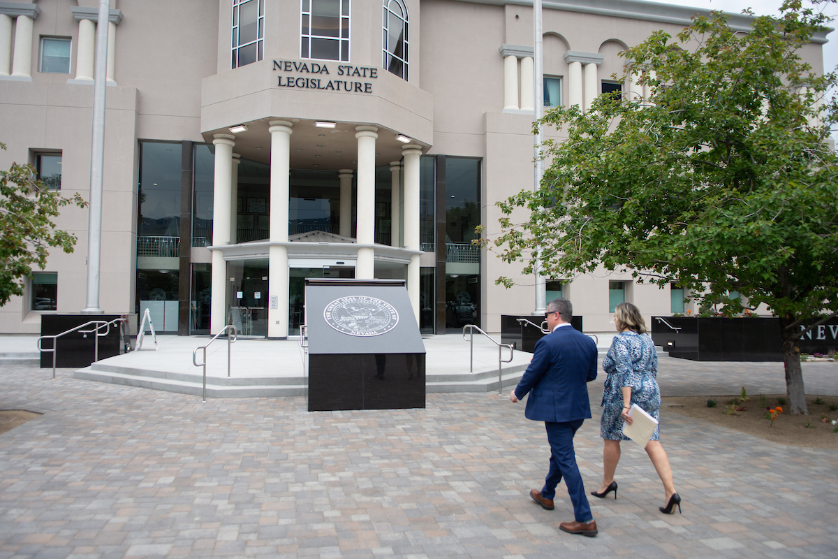 Assembly Speaker Steve Yeager (D-Las Vegas) and Senate Majority Leader Nicole Cannizzaro (D-Las Vegas) outside the Legislature in Carson City on June 4, 2023. (David Calvert/The Nevada Independent).