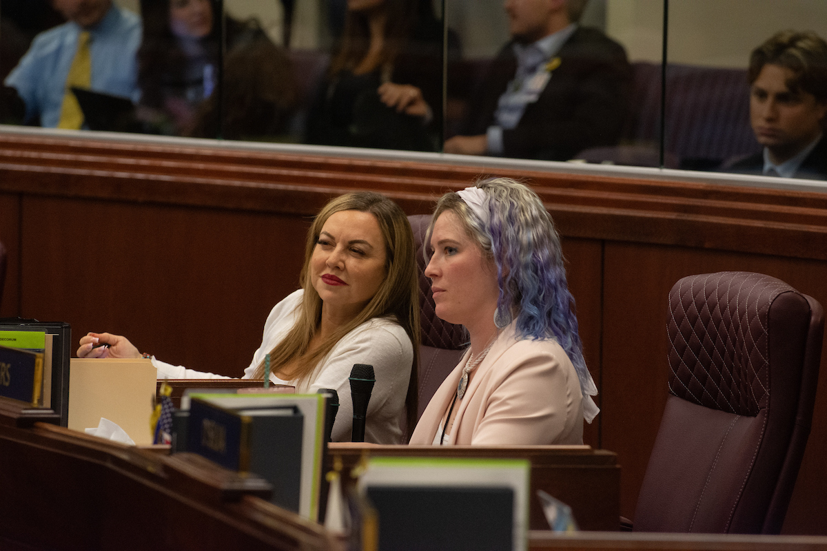 From left, Assemblywomen Elaine Marzola (D-Henderson) and Sarah Peters (D-Reno) at the Legislature during the final day of the 82nd legislative session in Carson City on June 5, 2023. (David Calvert/The Nevada Independent).