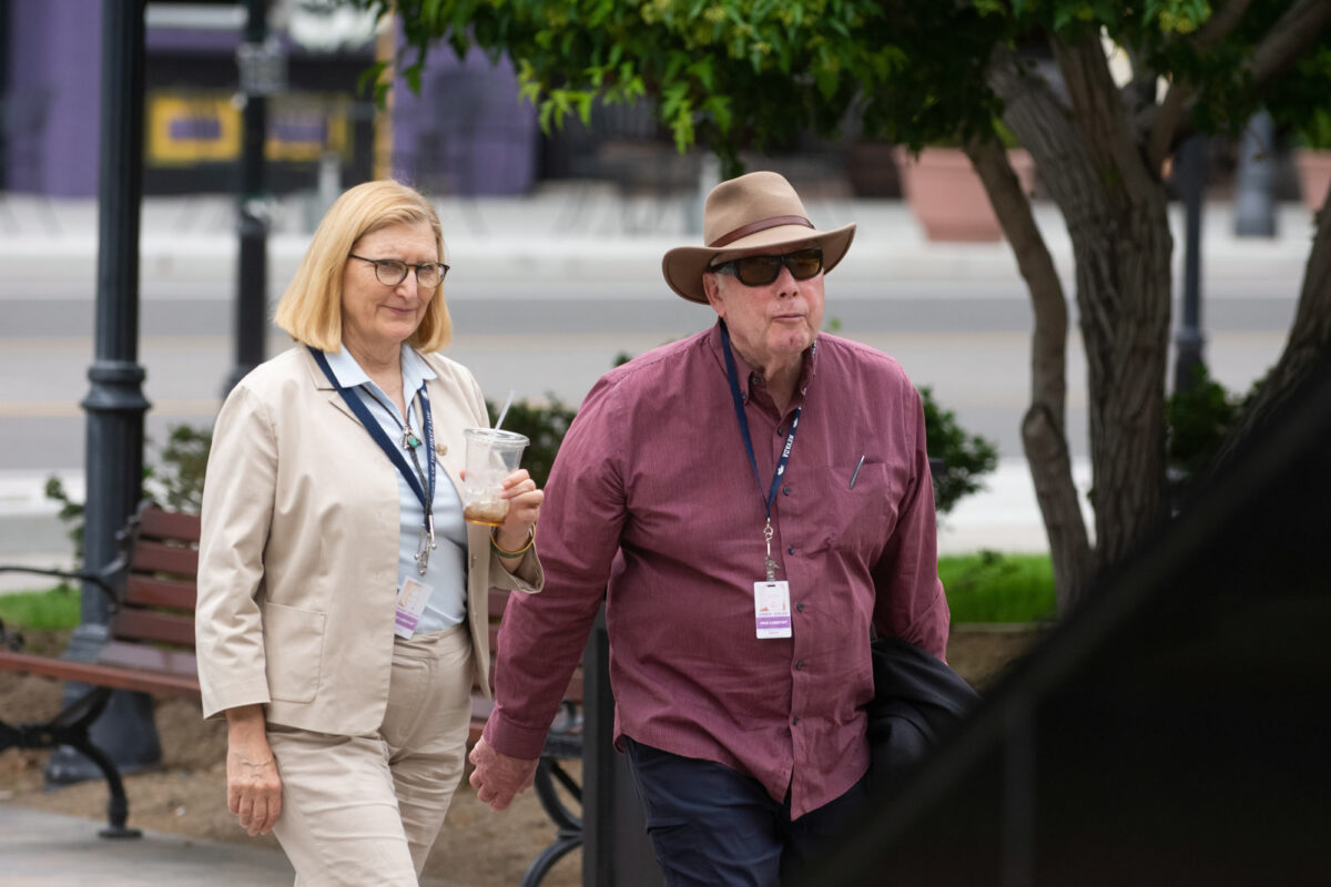 Lobbyist Sarah and Will Adler outside the Legislature in Carson City on June 4, 2023. (David Calvert/The Nevada Independent)