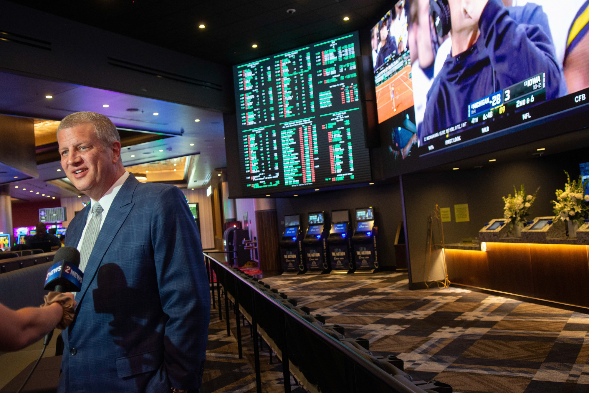 Circa Sports CEO Derek Stevens gives an interview to a northern Nevada reporter at the company's sportsbook inside the Legends Bay Casino in Sparks during a media preview event the day before the property’s grand opening on Aug. 29, 2022. (David Calvert/The Nevada Independent)