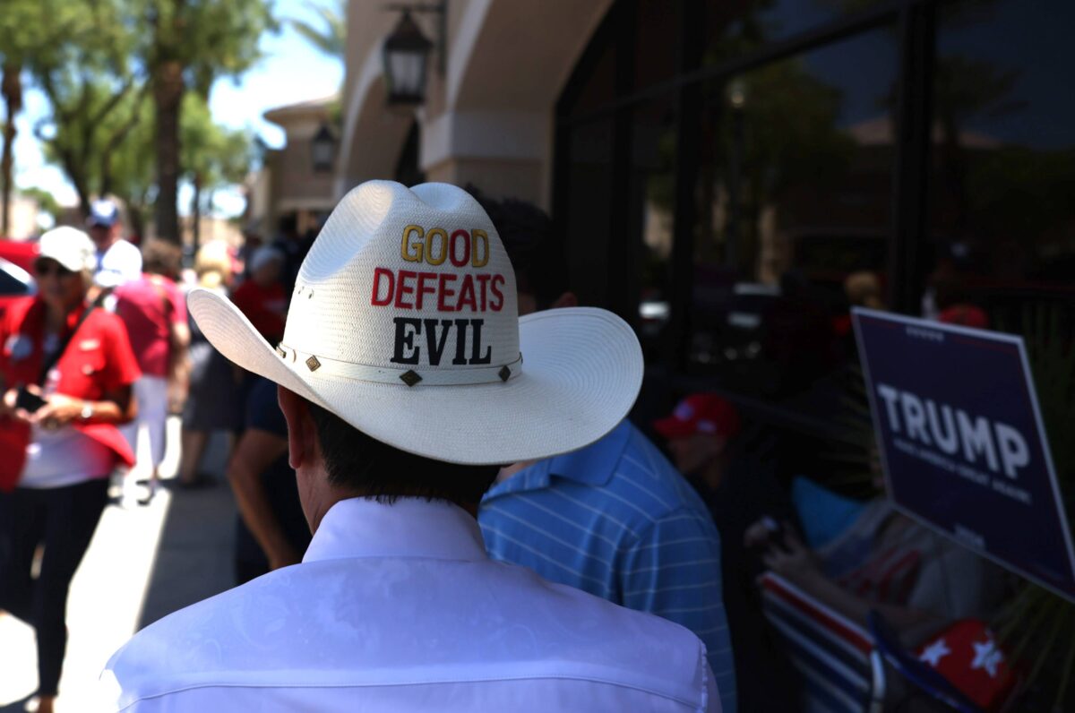 A man who said his name is TN Trump stands in line to hear former President Donald Trump speak  at Fervent A Calvary Chapel Church during a volunteer outreach event in Las Vegas on Saturday, July 8, 2023. (Jeff Scheid/The Nevada Independent)