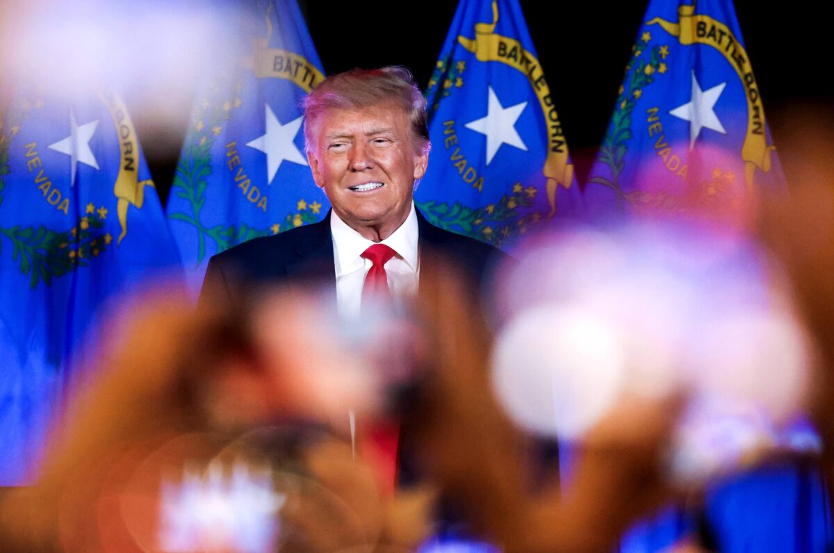 Former President Donald Trump speaks during volunteer outreach event at Fervent: A Calvary Chapel Church in Las Vegas on Saturday, July 8, 2023. (Jeff Scheid/The Nevada Independent)