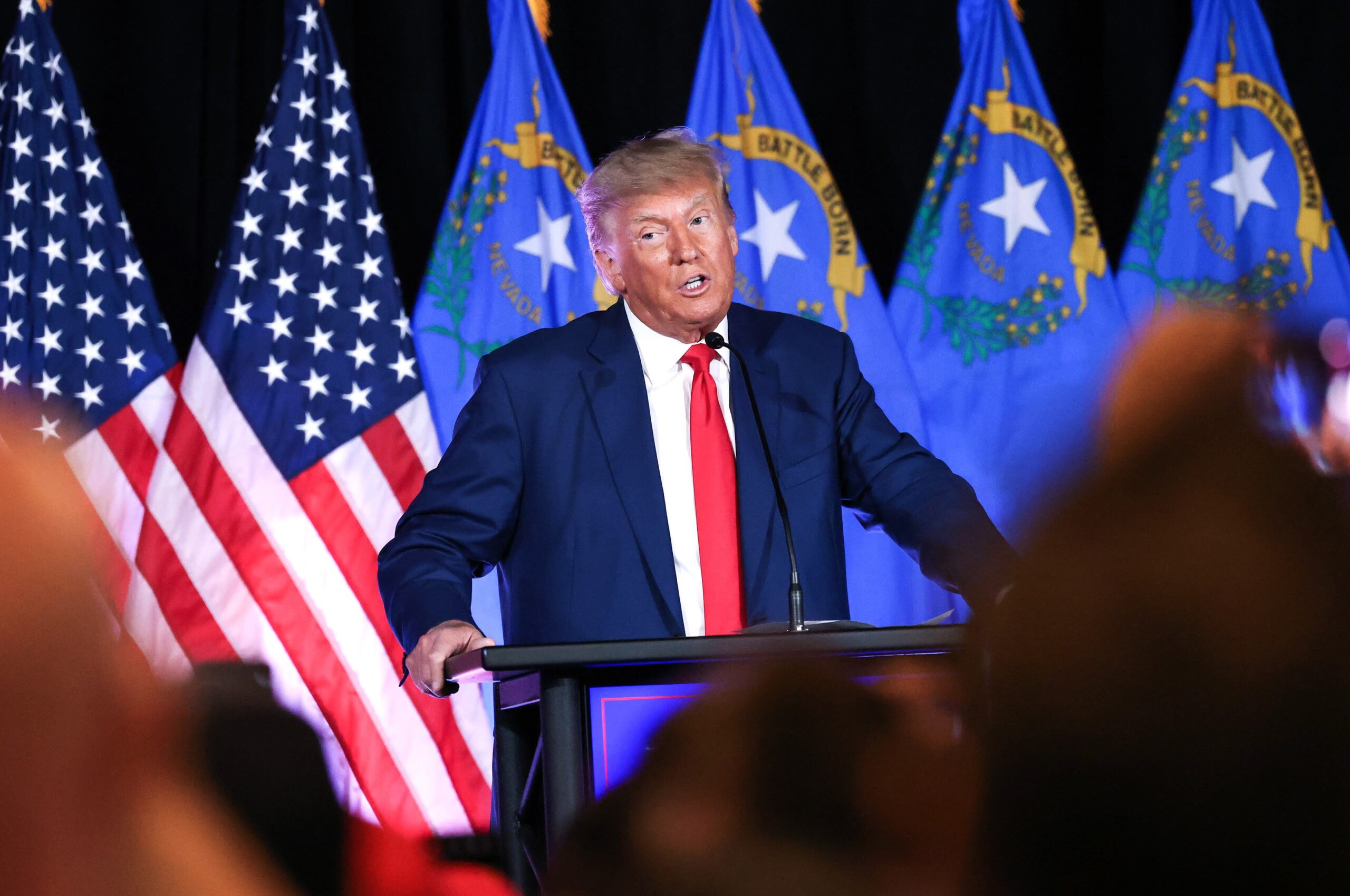 Former President Donald Trump speaks during volunteer outreach event at Fervent: A Calvary Chapel Church in Las Vegas on Saturday, July 8, 2023. (Jeff Scheid/The Nevada Independent)