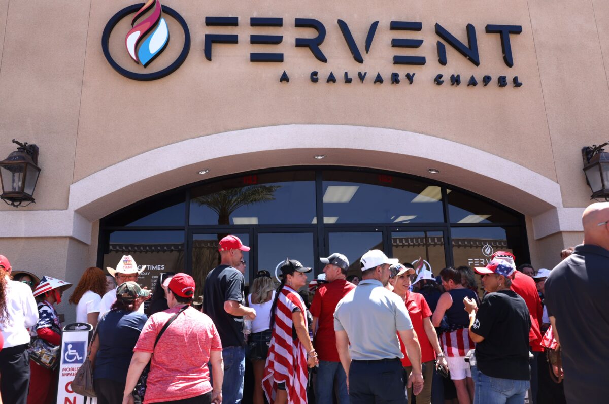 Supporters for former President Donald Trump wait to enter Fervent: A Calvary Chapel Church during a volunteer outreach event in Las Vegas on Saturday, July 8, 2023. (Jeff Scheid/The Nevada Independent)