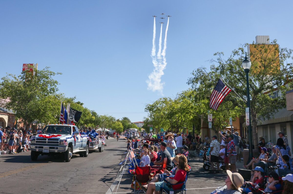 The Boulder City Veteran Flying Group conducts a flyover during the 75th annual Damboree parade in Boulder City on Tuesday, July 4, 2023. (Jeff Scheid/The Nevada Independent)