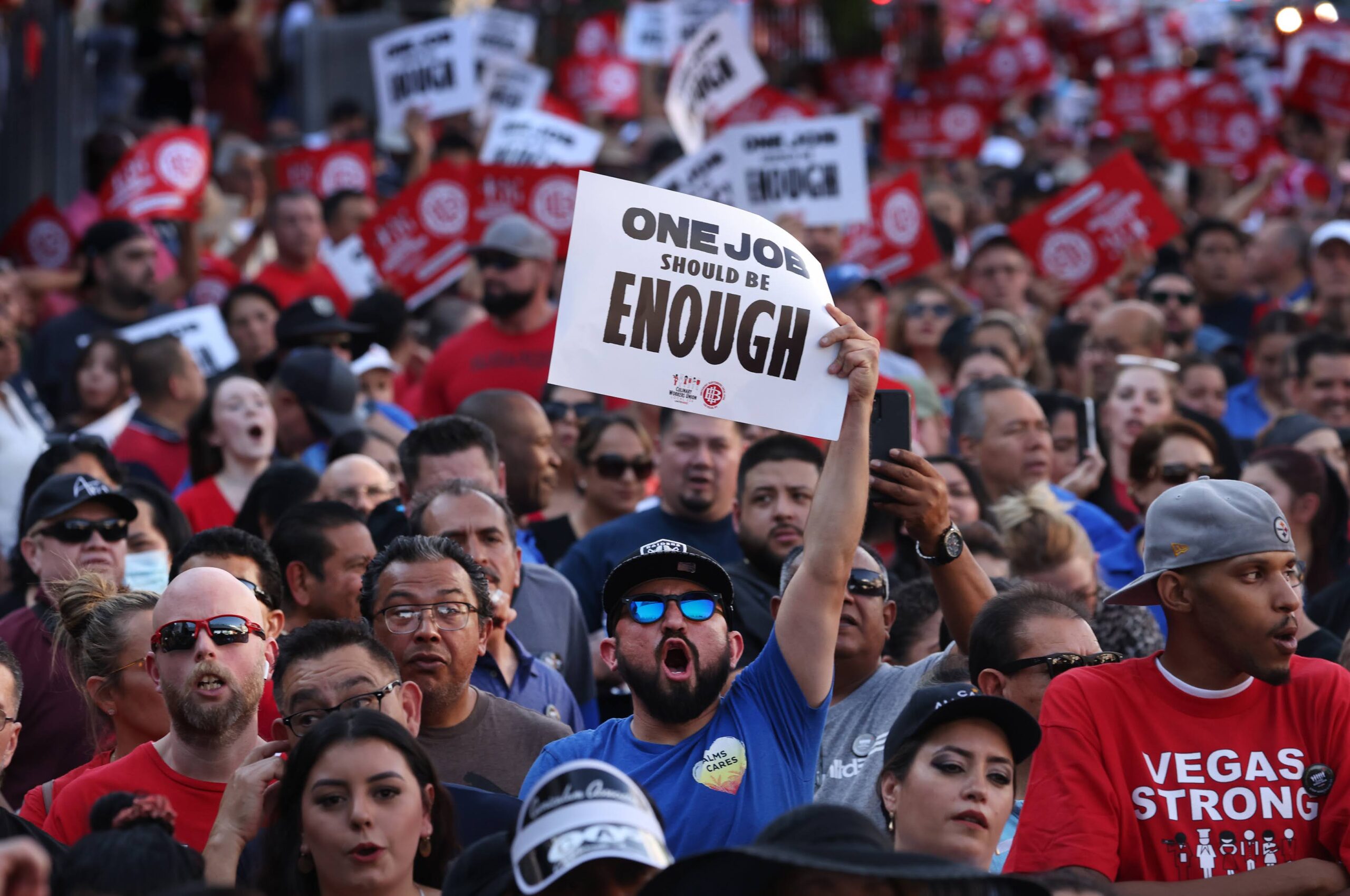 Members of the Culinary Workers Local 226 march on Las Vegas Boulevard on Thursday, June 29, 2023. Las Vegas Metropolitan Police estimated 3,500 Culinary members participated in the push for a new contract. (Jeff Scheid/The Nevada Independent).