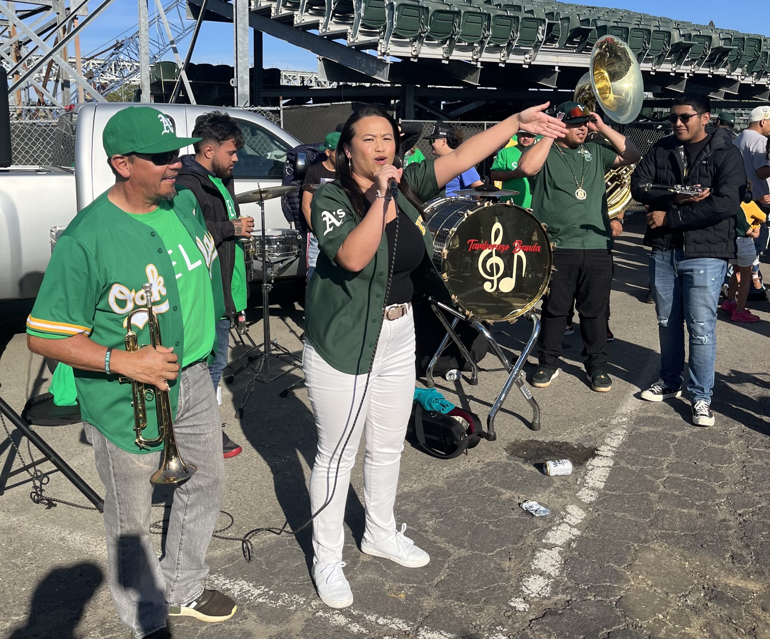 Oakland Mayor Sheng Thao speaks to fans outside of the Oakland Coliseum ahead of the reverse boycott protest on June 13, 2023. (Courtesy of City of Oakland)