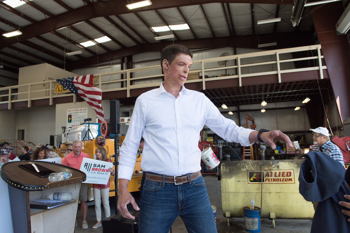 Sam Brown announces a Republican bid for Senate at Bragg Crane Service in Sparks on July 10, 2023. (David Calvert/The Nevada Independent).