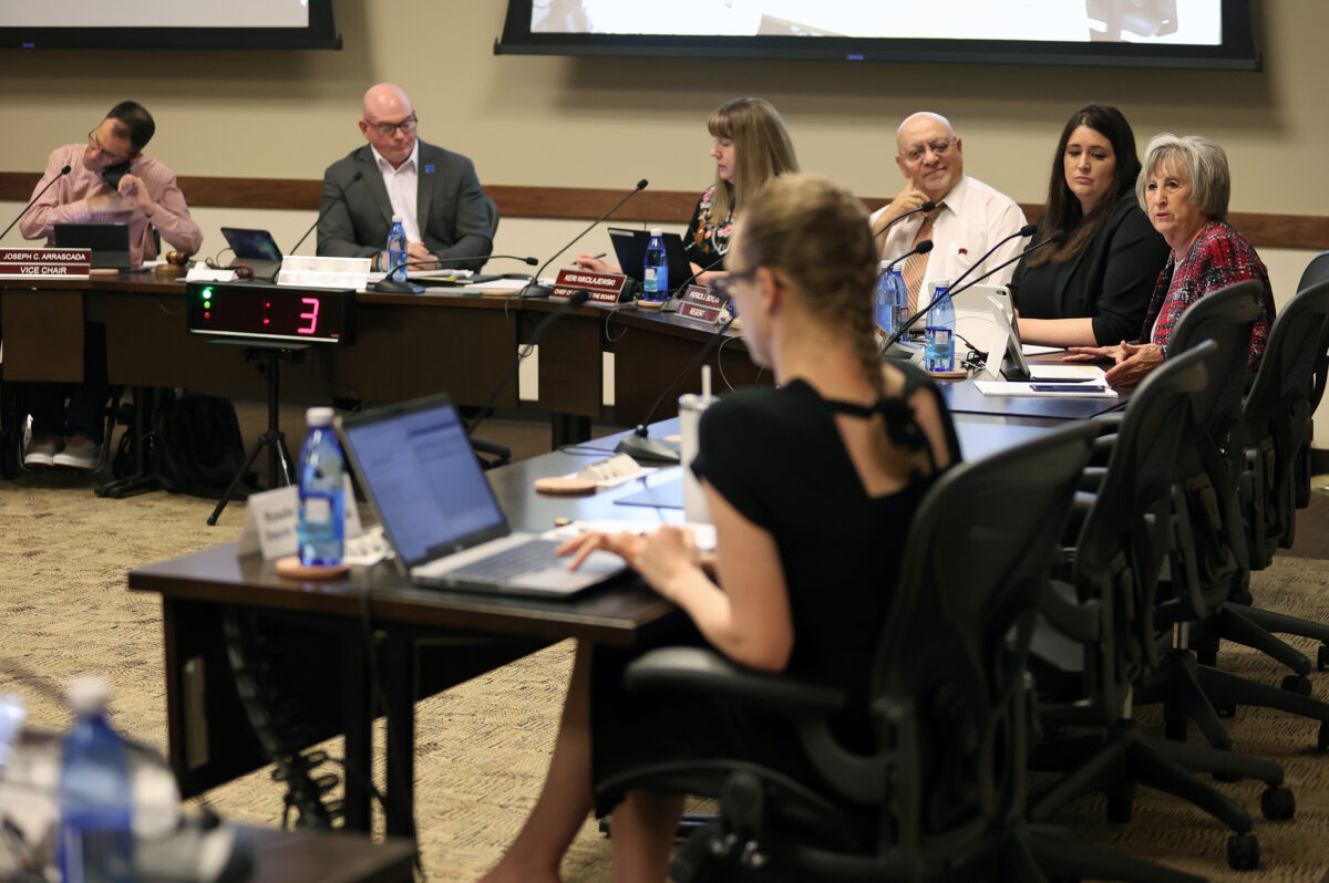 Members of the Nevada System of Higher Education Board of Regents discuss NSHE chancellor candidate Lawrence Drake II (not shown) during a meeting Friday, June 30, 2023, in Las Vegas. (Ronda Churchill for The Nevada Independent)