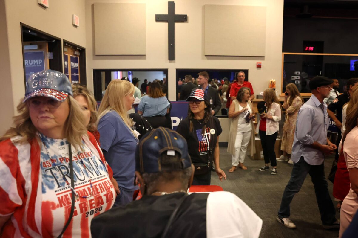 Supporters for former President Donald Trump stand the main sanctuary during a volunteer outreach event at Fervent: A Calvary Chapel Church in Las Vegas on Saturday, July 8, 2023. (Jeff Scheid/The Nevada Independent)