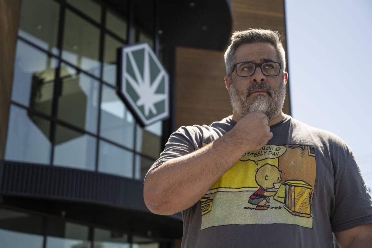 Christopher LaPorte talks with a reporter at Thrive Cannabis Marketplace in Las Vegas on Tuesday, June 27, 2023. (Daniel Clark/The Nevada Independent)