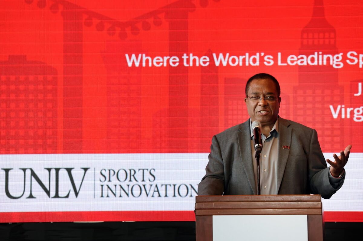 UNLV President Keith Whitfield speaks during a press conference at Thomas & Mack Center announcing a partnership with Syracuse University to bring a sports and entertainment convention to Las Vegas on Friday, July 14, 2023. (Jeff Scheid/The Nevada Independent)