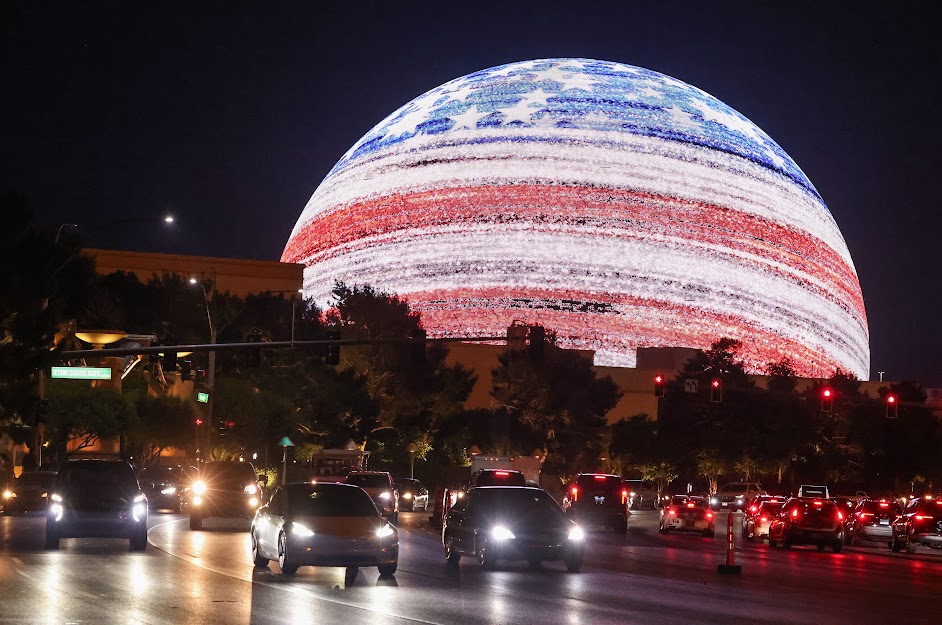 The exterior of the Sphere in Las Vegas lights up for a visual show on July 4, 2023. (Jeff Scheid/The Nevada Independent).