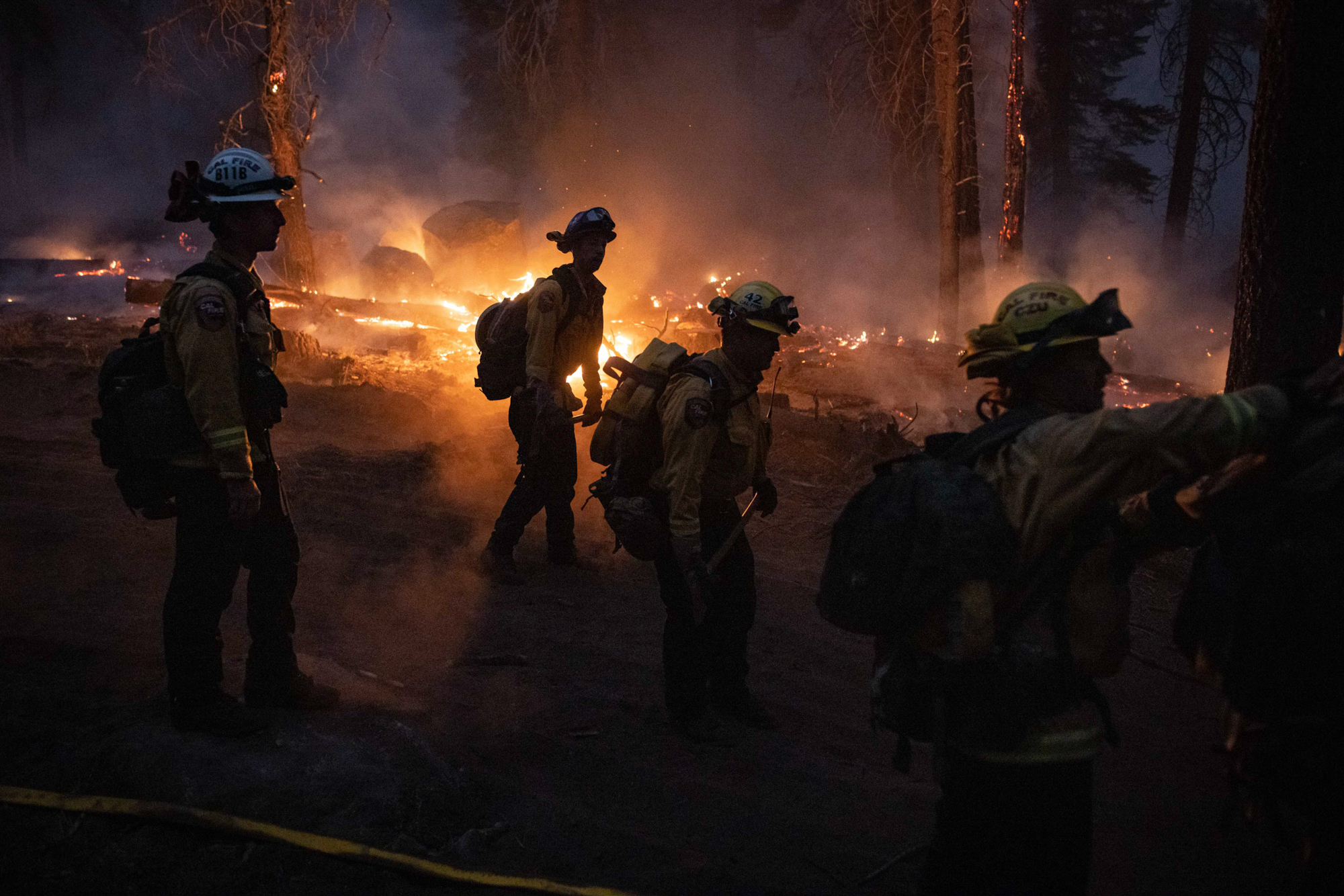 Firefighters with CalFire prepare a hose lay to protect nearby structures near Meyers, California, on Aug. 31, 2021. (Christian Monterrosa/The Nevada Independent)