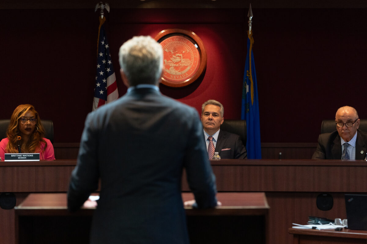 Gaming Control Board members (from left) Brittnie Watkins, Chairman Kirk Hendrick and George Assad, listen to Fontainebleau Development founder Jeffrey Soffer during a meeting in Carson City on Wednesday, July 12, 2023. (Trevor Bexon/The Nevada Independent).