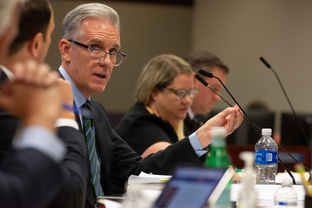 Attorney J. Colby Williams, representing Gov. Joe Lombardo, during a hearing of the Nevada State Commission on Ethics involving a complaint that the former Clark County sheriff sed the accoutrements of his sheriff's office while campaigning for governor in the 2022 election, at the Legislature in Carson City on July 25, 2023. (David Calvert/The Nevada Independent)