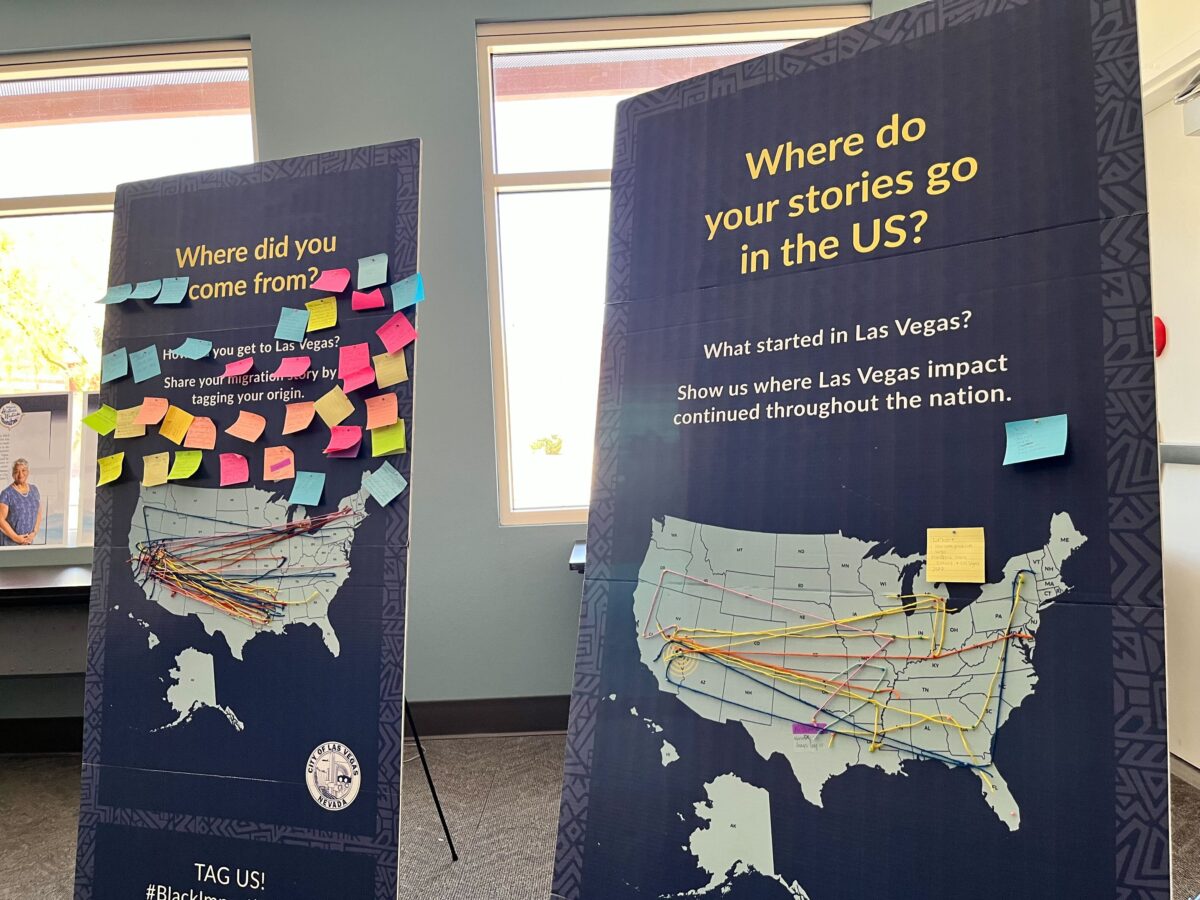 Interactive posters at a listening session inside Nevada Partners on Friday, June 23, 2023. (Naoka Foreman/The Nevada Independent)