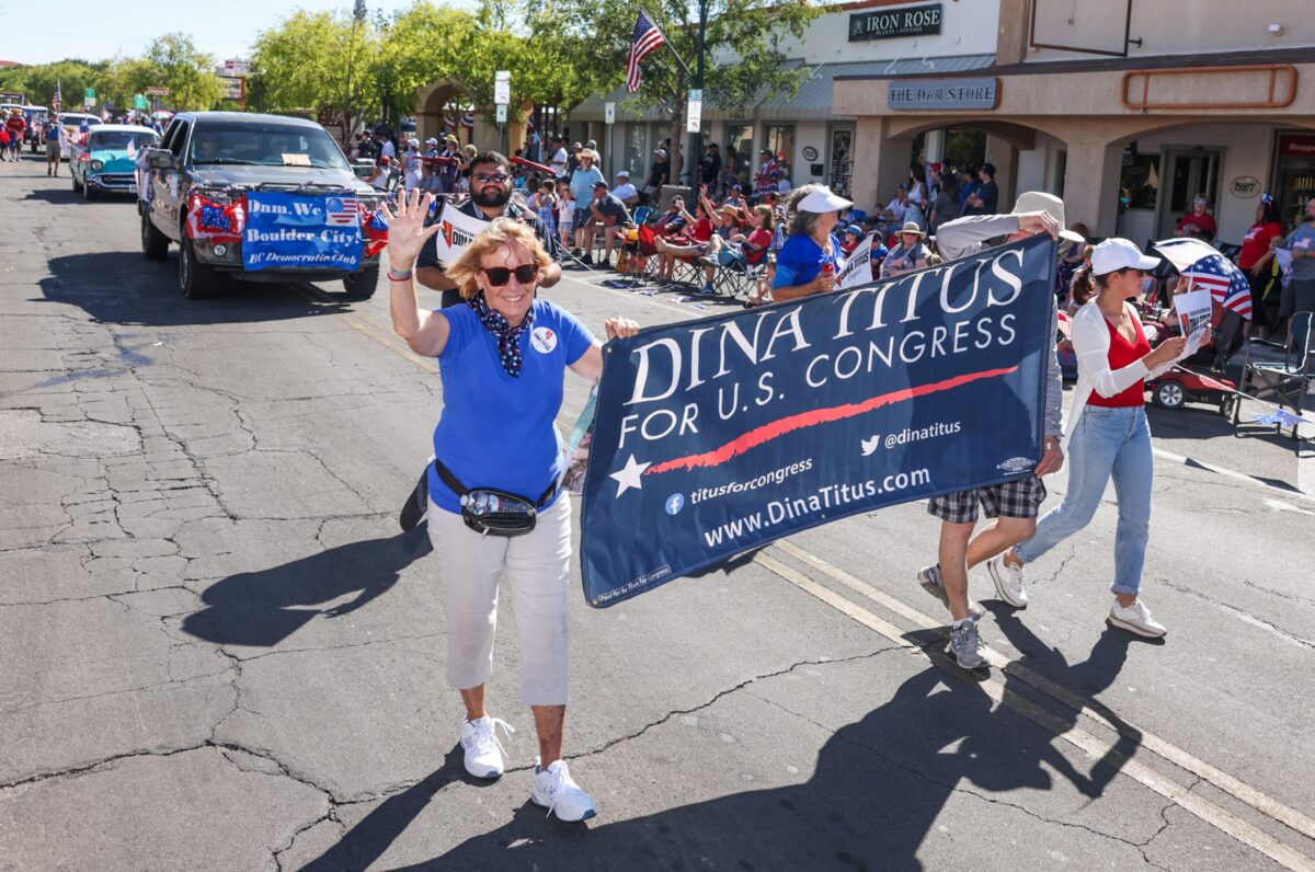 Supporters of Rep. Dina Titus (D-NV) walk during the 75th annual Damboree parade in Boulder City on Tuesday, July 4, 2023. (Jeff Scheid/The Nevada Independent)