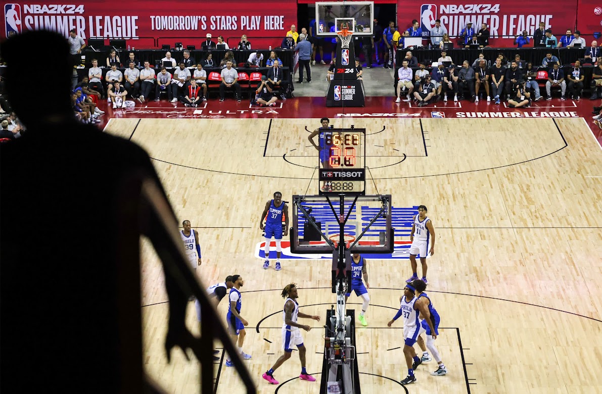 Fans watch the Philadelphia 76ers and Los Angeles Clippers game during the NBA Summer League at UNLV’s Thomas & Mack Center on Friday, July 14, 2023. (Jeff Scheid/The Nevada Independent)