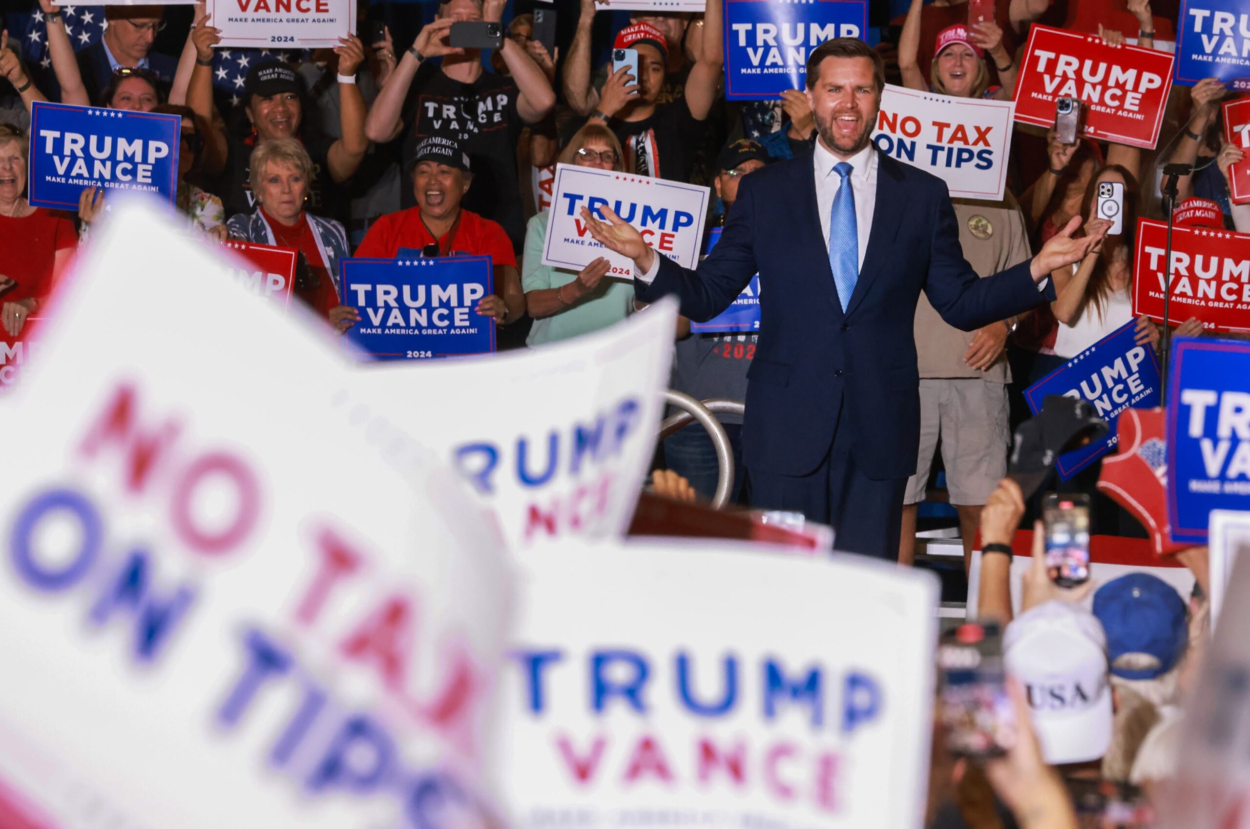 Republican vice presidential candidate J.D. Vance speaks during a rally in Henderson on July 30, 2024.