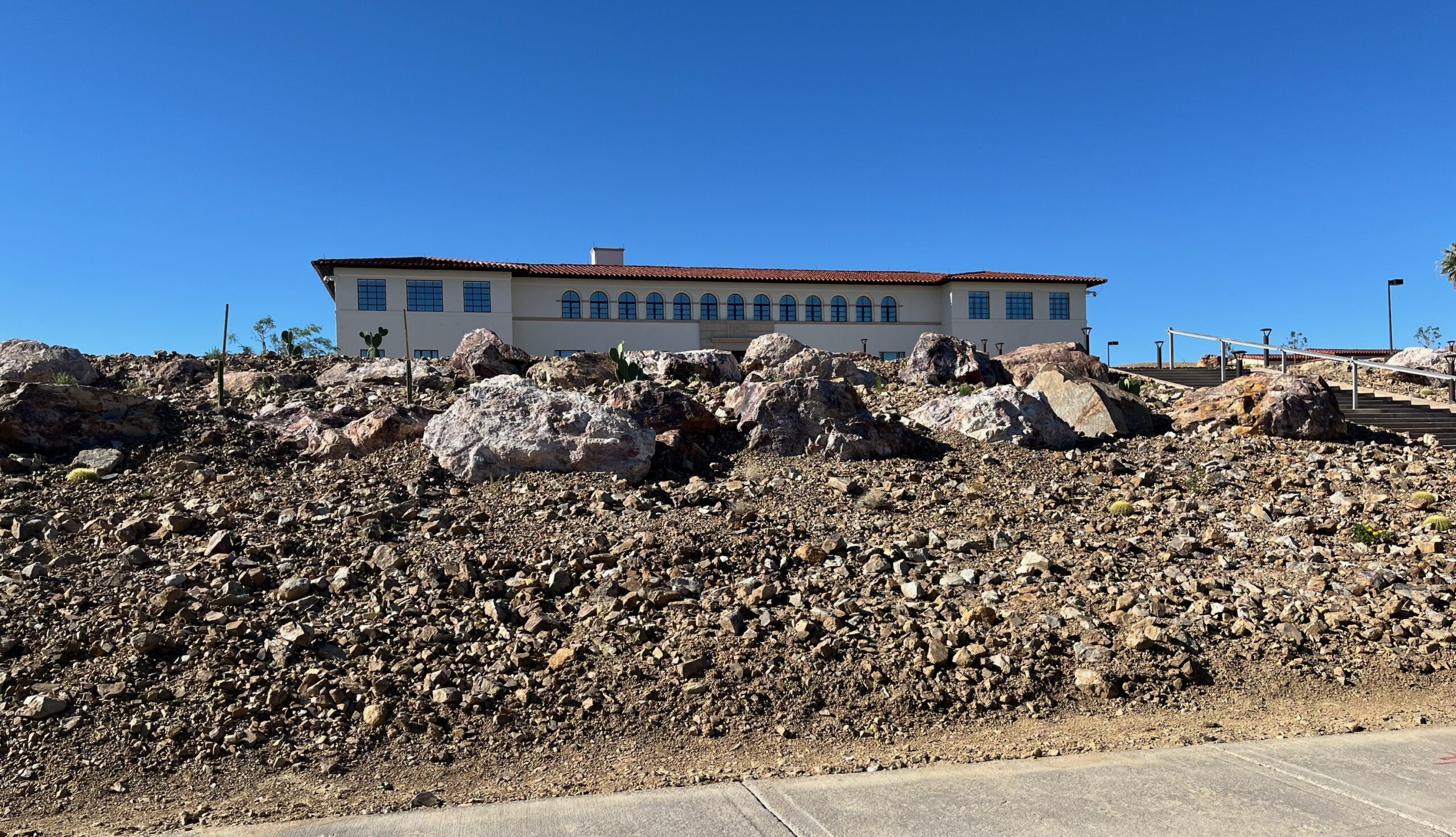 The xeriscape in front of the Bureau of Reclamation's administration Building in Boulder City, as seen in July 2024. (John L. Smith/The Nevada Independent)