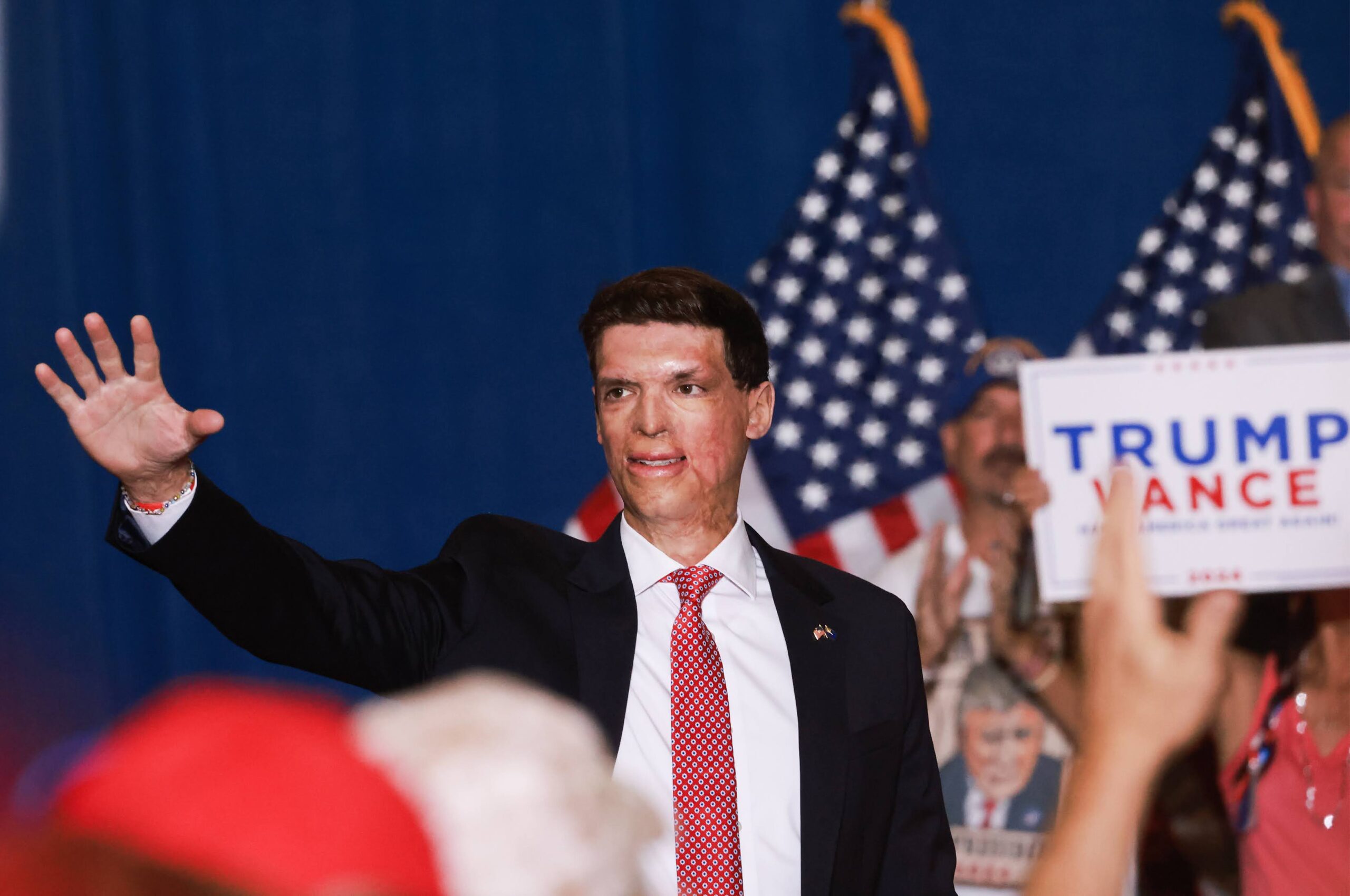 Republican candidate for U.S. Senate Sam Brown during a rally for GOP vice presidential candidate JD Vance in Henderson on July 30, 2024.