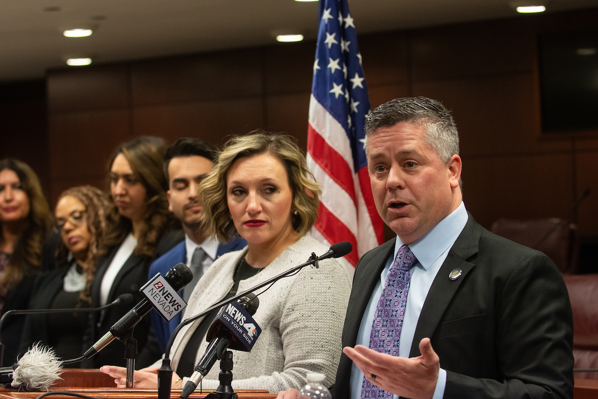 Assembly Speaker Steve Yeager (D-Las Vegas) and Senate Majority Leader Nicole Cannizzaro (D-Las Vegas) during a press conference following Gov. Joe Lombardo's State of the State address inside the Legislature on Jan. 15, 2025, in Carson City.